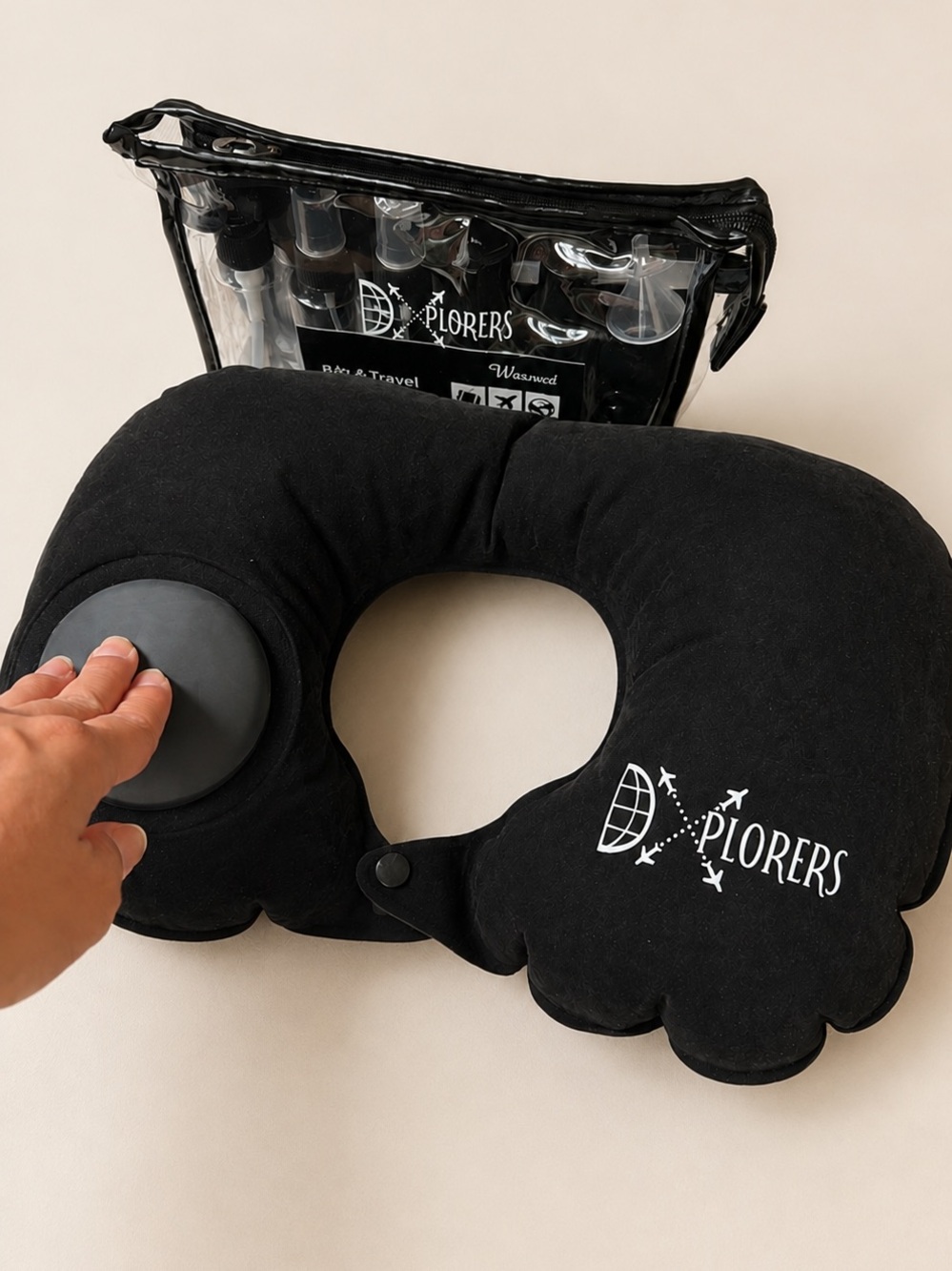 Inflatable Neck pillow and travel plastic bottle set